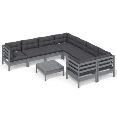 9-delige Loungeset met kussens grenenhout grijs - thumbnail