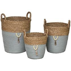 Gebor - Set Van 3 Ronde Zeegras- En Papieren Wasmanden Met Deco - Naturel/kaki - Opbermand - Wasmand - Maten