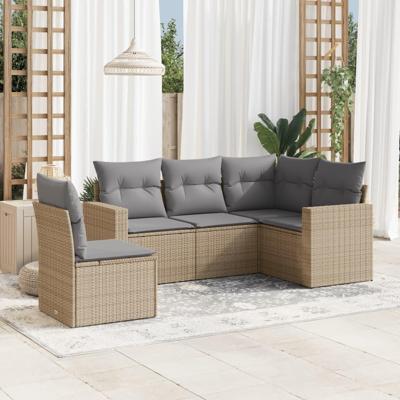 5-delige Loungeset met kussens poly rattan beige
