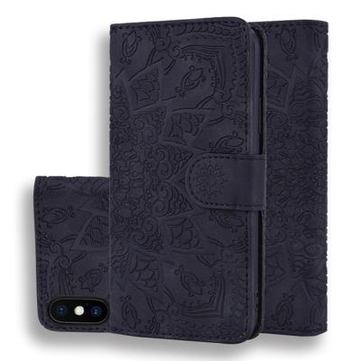 Kalf patroon dubbele vouwen ontwerp reliëf lederen draagtas met portemonnee & houder & kaartsleuven voor iPhone XS/X (zwart)