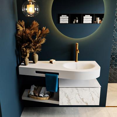 MONDIAZ RIVA 120cm badmeubel onderkast / planchet kleur carrara met 1 lade. Wastafel DULCET rechts 1 kraangat kleur Talc.