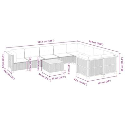 10-delige Loungeset met kussens poly rattan zwart
