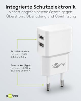 USB-A-adapter - USB-A-lader - 2 poorts - 2400mA - 12W - Wit - thumbnail