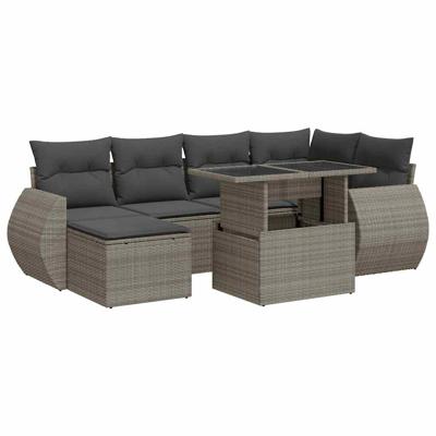 7-delige Loungeset met kussens poly rattan grijs - thumbnail