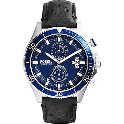 Fossil Wakefield blauwe wijzerplaat zwart lederen Herenhorloge45 mm CH2945