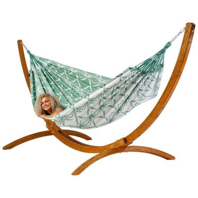 Familie hangmat met houten standaard - 400x180cm - Groen - 200kg draagkracht- 100% katoen - binnen & buiten