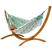 Familie hangmat met houten standaard - 400x180cm - Groen - 200kg draagkracht- 100% katoen - binnen & buiten - thumbnail