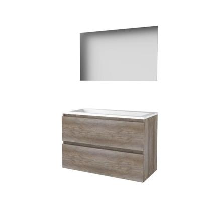 Basic-Line Ultimate 46 Badkamermeubelset - 100 x 46 cm - Greeploos - 2 Lades - Acryl Wastafel - 1 Kraangat - Spiegel met Indirecte LED Verlichting - Scotch Oak