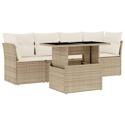 5-delige Loungeset met kussens poly rattan beige - thumbnail