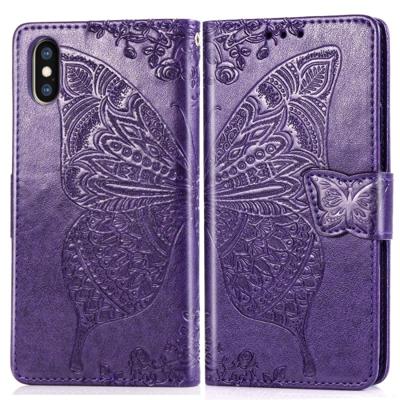 Butterfly Love bloemen reliëf horizontale Flip lederen case voor iPhone X met houder & kaartsleuven & portemonnee & Lanyard (donker paars)