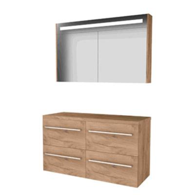 Basic-Line Premium 46 Badkamermeubelset - 120 x 46 cm - Met Grepen - 4 Lades - Wastafelblad - Spiegelkast met LED Verlichting - Whisky Oak