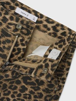 Wijde broek in keperstof met luipaardmotief voor meisjes NAME IT donkerbruin