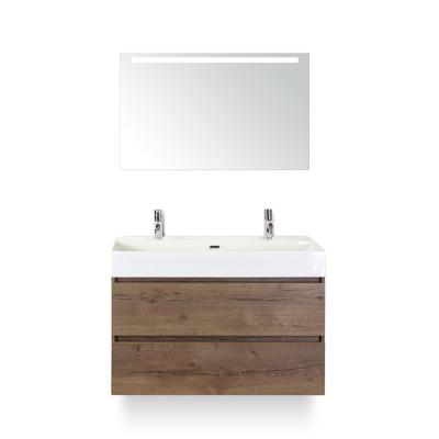 Maxx XL Badmeubelset 100 cm - Tabacco - Wastafel Kube 2 kraangaten - met Sence Spiegel