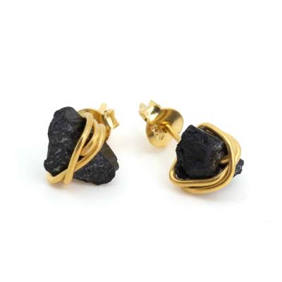 Edelsteen Oorstekers Ruwe Zwarte Toermalijn Wikkel - 925 Zilver & Verguld Edelsteen Oorstekers Ruwe Zwarte Toermalijn Wikkel - 925 Zilver & Verguld