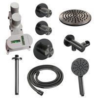 Regendoucheset Inbouw Brauer Gunmetal Carving Thermostatisch 20 cm met Plafondarm en Handdouche 3-Standen Losse Stopkranen Geborsteld Gunmetal Brauer - thumbnail