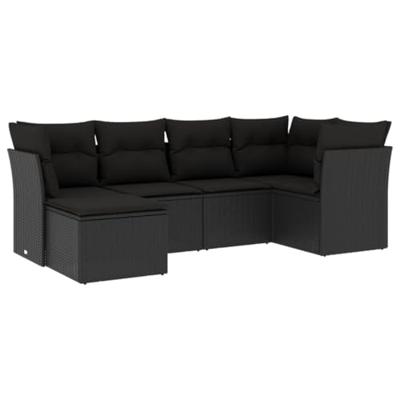 6-delige Loungeset met kussens poly rattan zwart