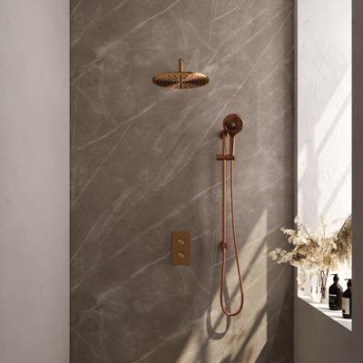 Inbouw Regendouche Set Brauer Copper Edition Gebogen Wanduitloop Ronde Hoofddouche 30 cm Met Glijstang en Handdouche 3 Standen Koper Brauer