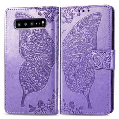 Butterfly Love bloemen reliëf horizontale Flip lederen case voor Galaxy S10 5G met houder & kaartsleuven & portemonnee & Lanyard (licht paars)