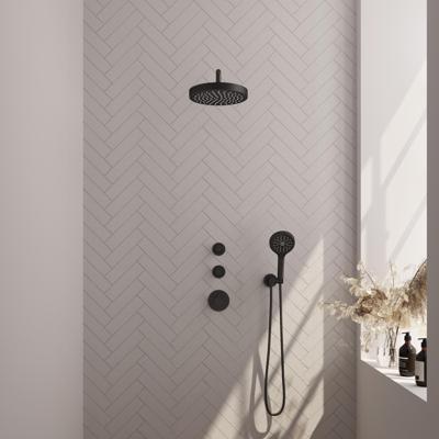 Brauer Stripe thermostatische inbouw regendouche SET 05 met 25 cm douchekop en gebogen muurarm en 3-standen handdouche en doucheslang en wandaansluitbocht mat zwart