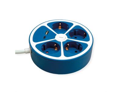 ROLINE 4-voudige stekkerdoos met schakelaar, rond, , USB-oplader A+C, blauw, 3 m
