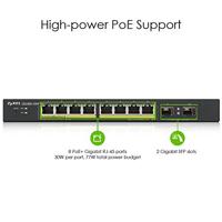 Zyxel 8-Port Gigabit Web/Smart Managed Switch 8-Port PoE+ (77W) 2x DisplayPort Wallmount 8-port PoE+ (77W) 2x SFP zwart [GS1900-10HP] - thumbnail