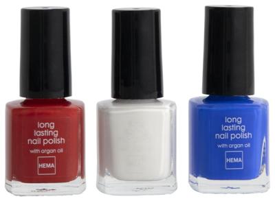 HEMA Long Lasting Nagellak Rood/wit/blauw