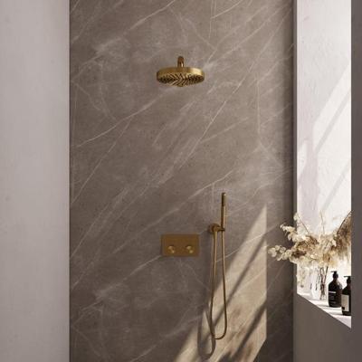 Brauer Stripe thermostatische inbouw regendouche met drukknoppen SET 25 met 25 cm douchekop en rechte muurarm en staaf handdouche en doucheslang en wandaansluitbocht goud geborsteld PVD