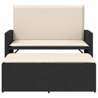 Tuinbank met kussens en voetenbank poly rattan zwart - thumbnail