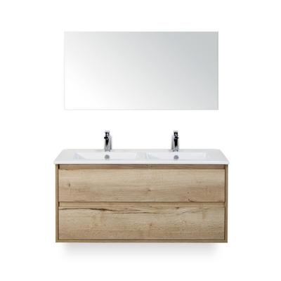Porto Badmeubelset 120 cm - 2 laden Natuur Eiken - Keramische Wastafel Wit Slim - met Spiegel