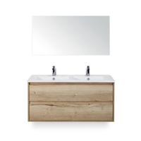 Porto Badmeubelset 120 cm - 2 laden Natuur Eiken - Keramische Wastafel Wit Slim - met Spiegel - thumbnail