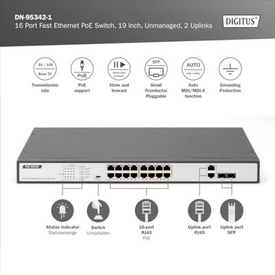 Digitus DN-95342-1 Netwerk switch 16 + 2 poorten 10 / 100 MBit/s PoE-functie Digitus DN-95342-1 Netwerk switch 16 + 2 poorten 10 / 100 MBit/s PoE-functie