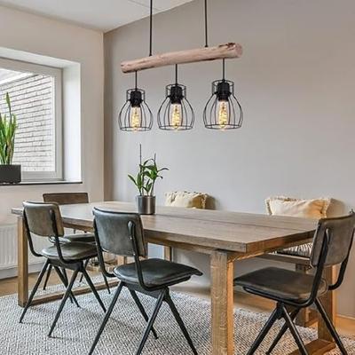 Globo HanglampMina zwart met hout 3-lichts - 15326-3N