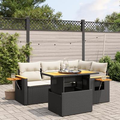 5-delige Loungeset met kussens poly rattan zwart