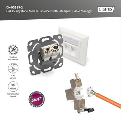 DIGITUS Keystone module Cat-6A afgeschermd - 2 stuks - RJ45 jack - 500 MHz 10GBase-T - AWG 26-22 - Ontwerp - Met vergrendelingshendel - Montage zonder gereedschap