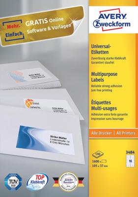 Avery-Zweckform 3484 Universele etiketten 105 x 37 mm Papier Wit 1600 stuk(s) Permanent hechtend Laser (kleur), Laser (zwart/wit) Avery-Zweckform 3484 Universele etiketten 105 x 37 mm Papier Wit 1600 stuk(s) Permanent hechtend Laser (kleur), Laser (zwart/wit)