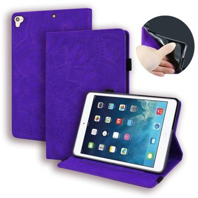Voor iPad Pro 9 7 inch kalf patroon dubbele vouwen ontwerp reliëf lederen draagtas met houder & kaartsleuven & pen sleuf & elastische band (paars)