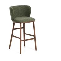 Kave Home Ciselia barkruk H75 dik chenille Groen poot donker hout - thumbnail