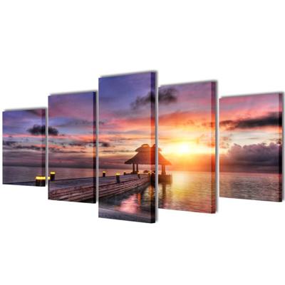 Canvas muurdruk set zandstrand met paviljoen 100 x 50 cm