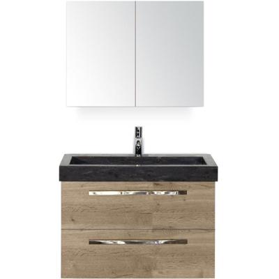 Seville Badmeubelset 80 cm - Natuur Eiken - Wastafel Hardsteen Wit Lucca met Spiegelkast