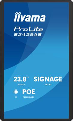 iiyama Prolite S2425AS-B1P Digitale signage display, 60,5 cm 23,8 inch, IPS LED, Full HD, USB-C audio-out, USB2.0/3.2 RJ45 Android 14 OS iiSignage² WiFi Bluetooth PoE 24/7 3H Anti-Glare zwart