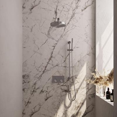 Brauer Stripe thermostatische inbouw regendouche met drukknoppen SET 31 met 25 cm douchekop en rechte muurarm en staaf handdouche en doucheslang en geintegreerde glijstang RVS-kleurig geborsteld PVD