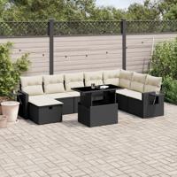 9-delige Loungeset met kussens poly rattan zwart - thumbnail