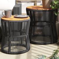 Tuinbijzettafels 2 st met houten blad poly rattan zwart - thumbnail