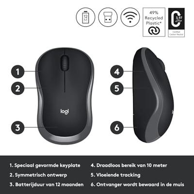 Logitech M185 Zwart/Grijs Draadloze Muis