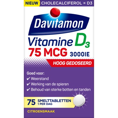 Davitamon Vitamine D volwassenen 75mcg smelttablet 75 Tabletten Davitamon Vitamine D volwassenen 75mcg smelttablet 75 Tabletten