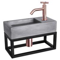 Differnz Ravo fonteinset - 38.5x18.5x25cm - Rechthoek - 1 kraangat - Gebogen rose koperen kraan - met zwart frame - kruisgreep - beton donkergrijs 38.402.13 - thumbnail
