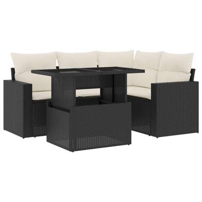 5-delige Loungeset met kussens poly rattan zwart