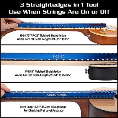 MusicNomad MN821 Tri-Beam 3 &apos;n 1 Dual Notched & Precision Straightedge voor elektrische en akoestische gitaar