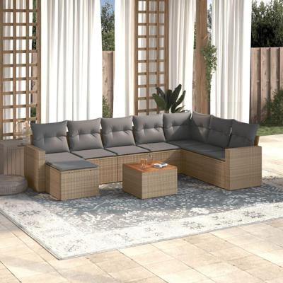 9-delige Loungeset met kussens poly rattan beige