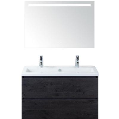 Vogue Badmeubelset 100 cm - Greeplijst in Kleur - Black Oak - Keramische Wastafel Wit 2 Kraangaten met Sence Spiegel